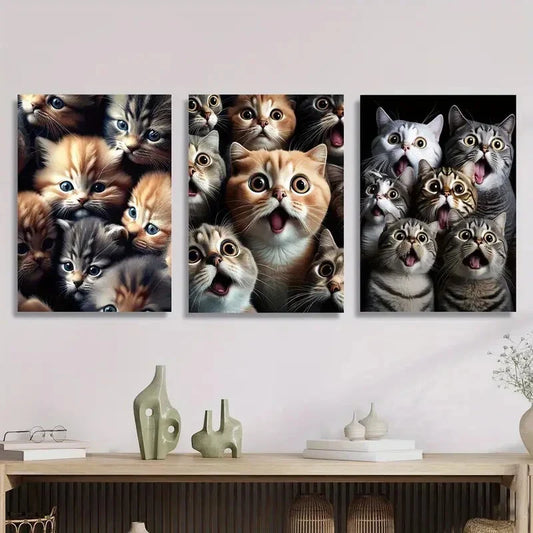 3pcs Cat Family Portrait Ink Animal Print Metal Print Ready to Hang Art