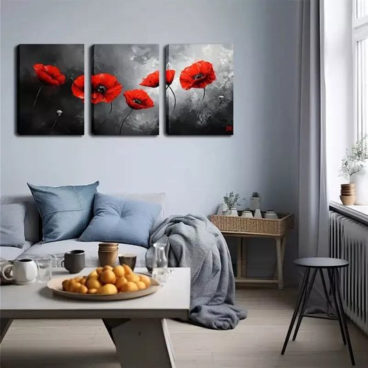 3pcs Deep Red Flowers Wall Art Set Canvas Framed 40x60cm - High Quality Print 100% Australian Made Wall Canvas Ready to Hang