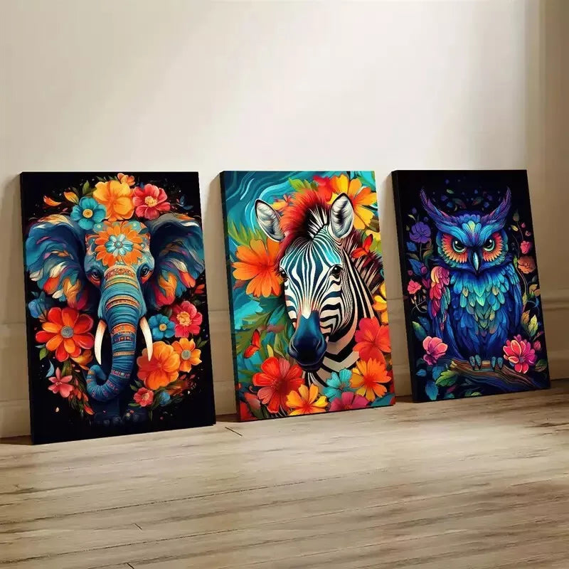 3pcs Vibrant Animal with Floral Accents Wall Art Set Canvas Framed 40x60cm - High Quality Print 100% Australian Made Wall Canvas Ready to Hang