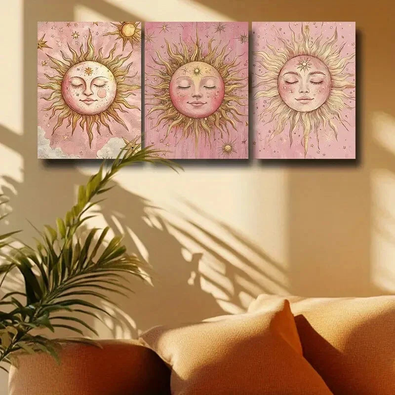 3pcs Sun and Stars Vibrant Pink Background Print Ready to Hang Art