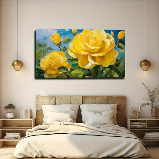 Yellow Rose Blooming Wall Art Canvas Office Home Room Framed 120x60cm