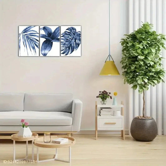 3pcs Stylish Blue Leaf Botanical Prints Metal Print Ready to Hang Art