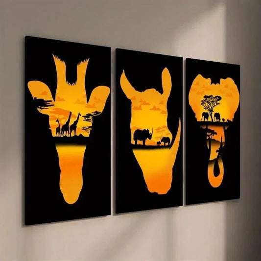 3pcs Giraffe Rhino Elephant at Sunset Wall Art Set Canvas Framed 40x60cm - High Quality Print 100% Australian Made Wall Canvas Ready to Hang