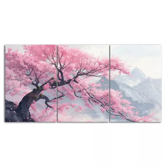 Cherry Blossom Tree Mountain Scenery 3 Piece Canvas Framed 40x60cm - High Quality Print 100% Australian Made Wall Canvas Ready to Hang