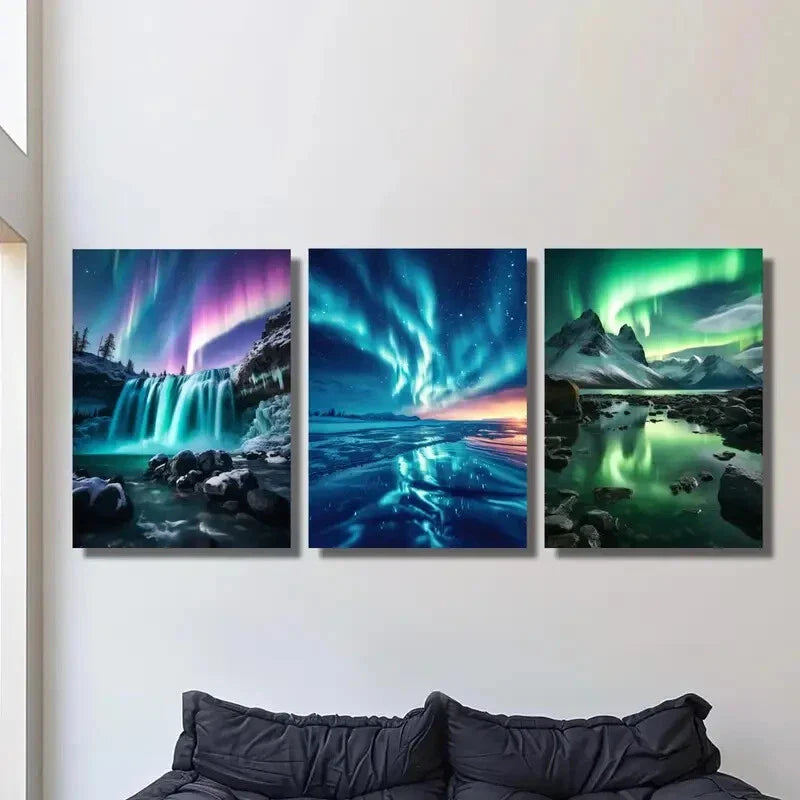3pcs Winter Waterfall in Iceland And Enchanting Metal Print Ready to Hang Art