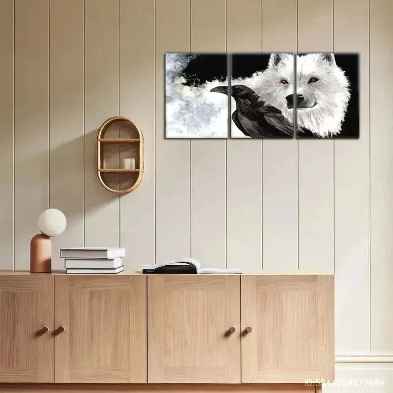 3pcs White Wolf and Black Crow Painting Print Metal Print Ready to Hang Art