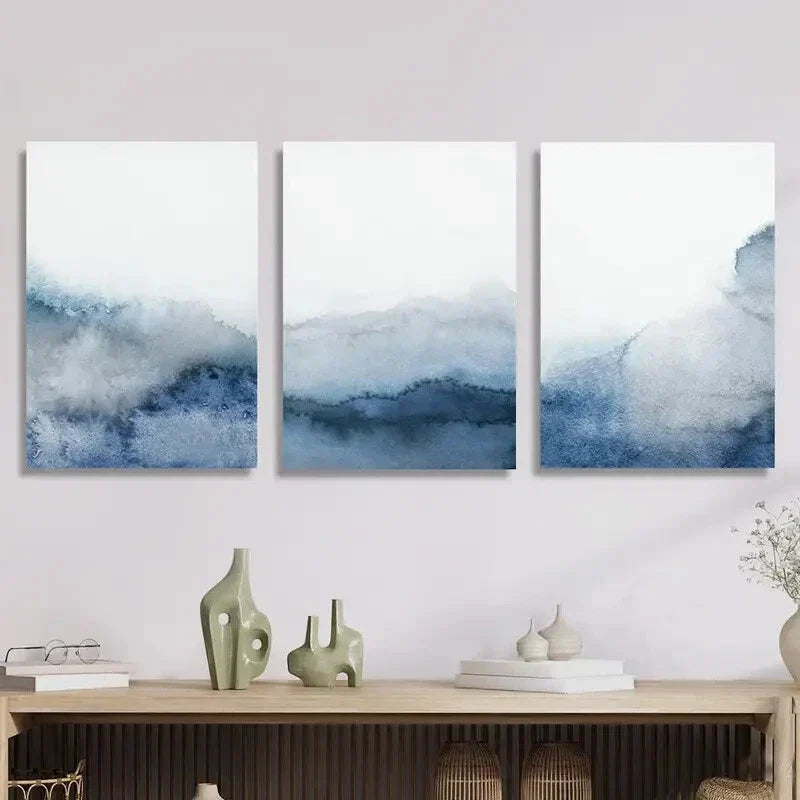 3pcs Modern blue and gray watercolor Metal Print Ready to Hang Art