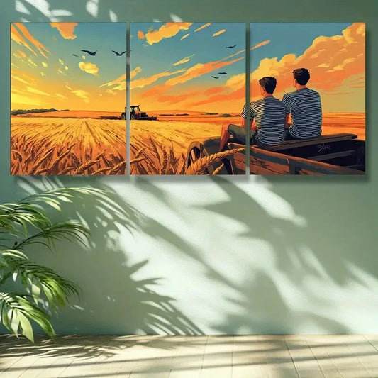 3pcs Wheat, field Art Painting Wall Art Set Canvas Framed 40x60cm - High Quality Print 100% Australian Made Wall Canvas Ready to Hang