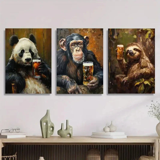 3pcs Abstract Cute Wild Animal Drinking Beer Metal Print Ready to Hang Art