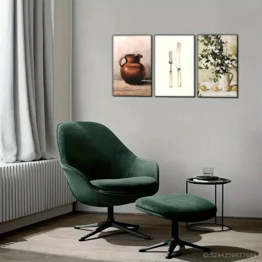 3pcs Ceramic Pots Floral Arrangements And Still Metal Print Ready to Hang Art