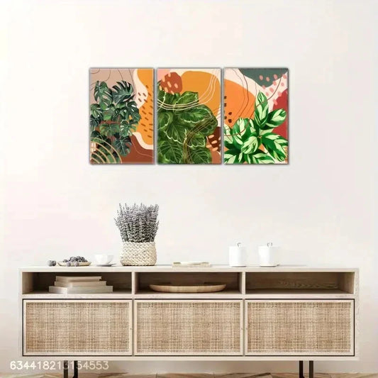 3pcs Macrophylla Leaves and Abstract Geometric Metal Print Ready to Hang Art