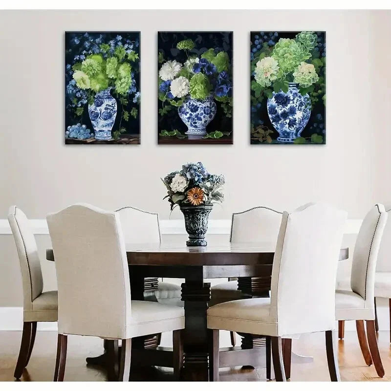 3pcs Aesthetic Blue & White Porcelain Vase Metal Print Ready to Hang Art