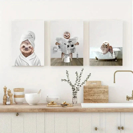 3pcs Sloth Funny Animal Bathroom Metal Print Ready to Hang Art