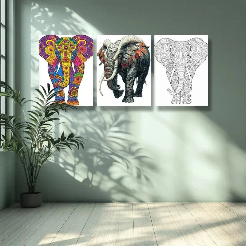 3pcs Stylized elephant Animal Wall Art Set Canvas Framed 40x60cm -High Quality Print 100% Australian Made Wall Canvas Ready to Hang