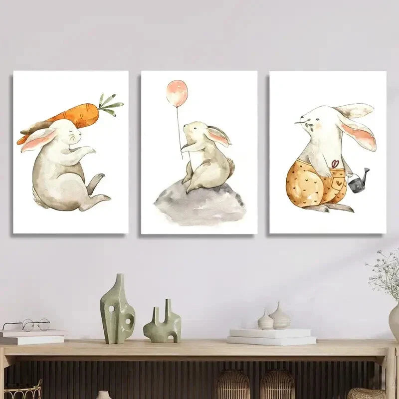 3pcs Cartoon Bunnies with Carrot & Balloon, Metal Print Ready to Hang Art Metal Print Ready to Hang Art