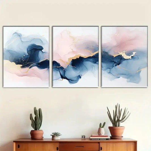 3pcs Abstract Ink Wash Paintings In Shades Of Blue Metal Print Ready to Hang Art