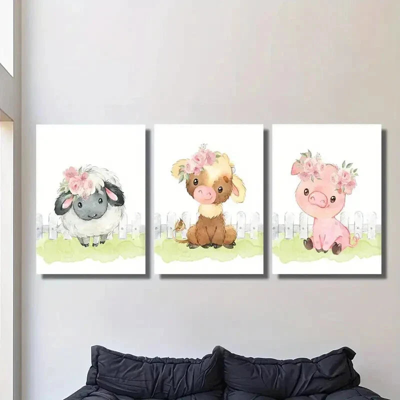 3pcs Cute Calf Lamb and Pig Boy and Girl Animal Metal Print Ready to Hang Art