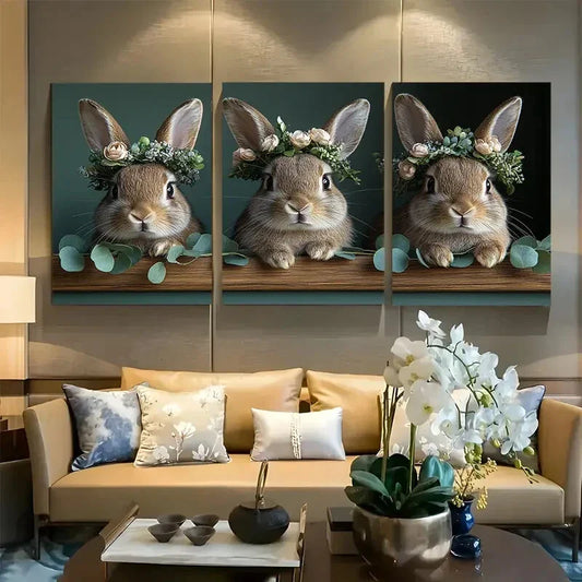 3pcs Charming Bunny Decor with Floral Crowns Metal Print Ready to Hang Art