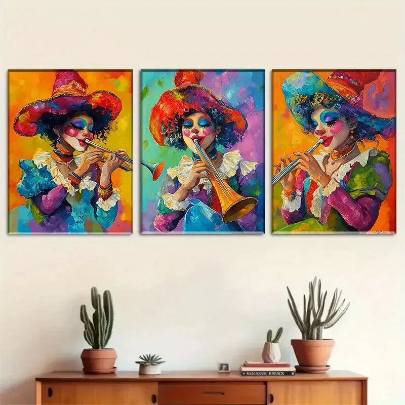 3pcss vibrant modern Colorful Clown Musician Wall Art Set Canvas Framed 40x60cm - High Quality Print 100% Australian Made Wall Canvas Ready to Hang