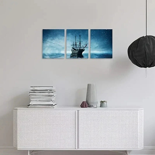 3pcs Ship Art with a Starry Night Sky Metal Print Ready to Hang Art