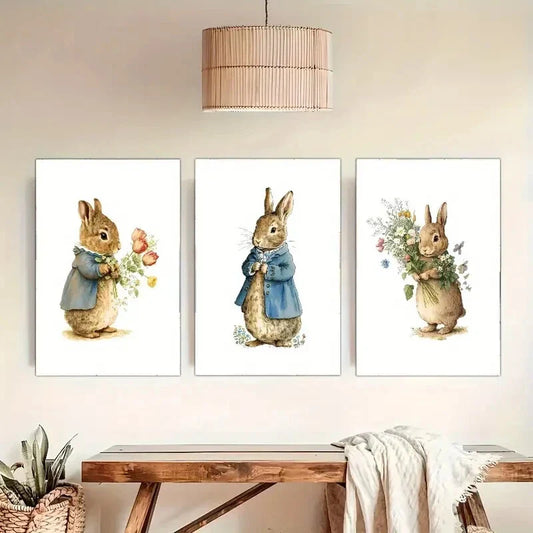 3pcs Adorable Bunny And Floral Artwork Metal Print Ready to Hang Art