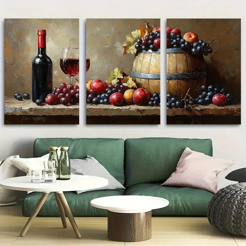 3pcs Fruit and a Wine Barrel Metal Print Ready to Hang Art