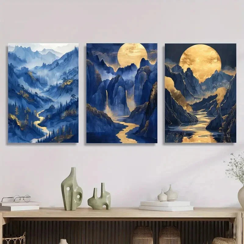 3pcs The bright moon, gilded mountains Metal Print Ready to Hang Art