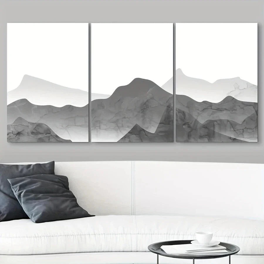 3pcs Gray Mountain Range Nature Illustrations Metal Print Ready to Hang Art