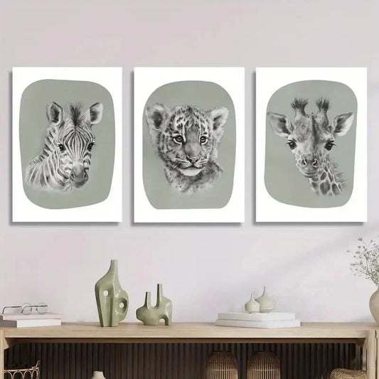 3pcs Art Deco Cartoon Animal Metal Print Ready to Hang Art