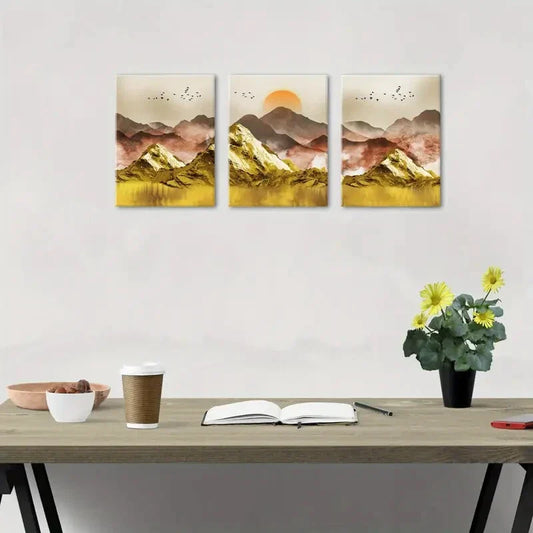 3pcs Golden Sunset Landscape with Birds Metal Print Ready to Hang Art