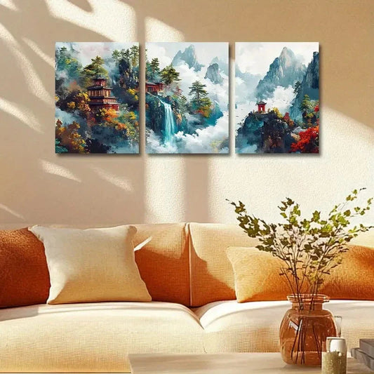3pcs Colorful Scenery with Pagoda & Waterfalls Metal Print Ready to Hang Art