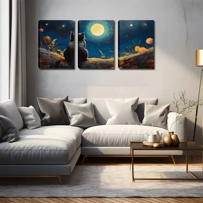 3pcs Under The Moon, A Black Cat Wall Art Set Canvas Framed 40x60cm - High Quality Print 100% Australian Made Wall Canvas Ready to Hang