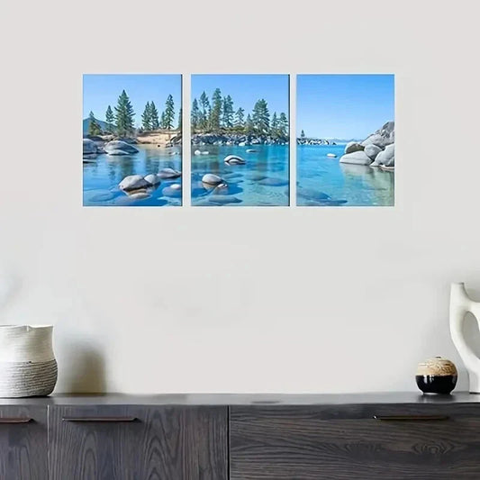 3pcs Vibrant Forest & Rocky Lake Metal Print Ready to Hang Art