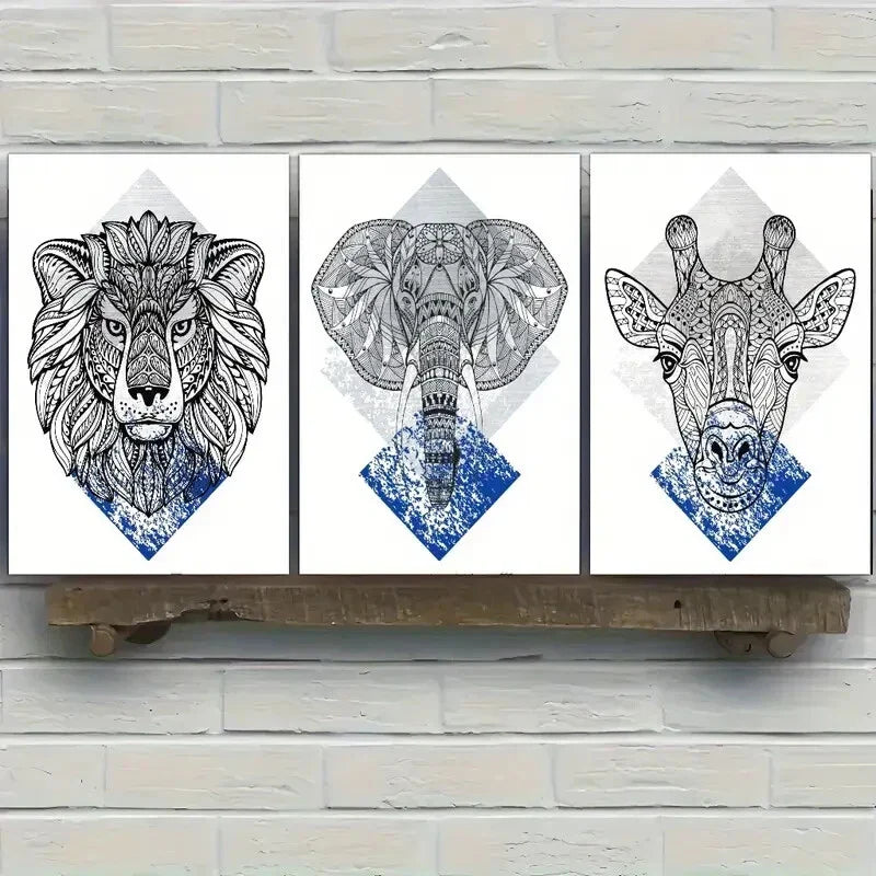 3pcs Totem Lion Elephant Giraffe Head Art Prints Metal Print Ready to Hang Art