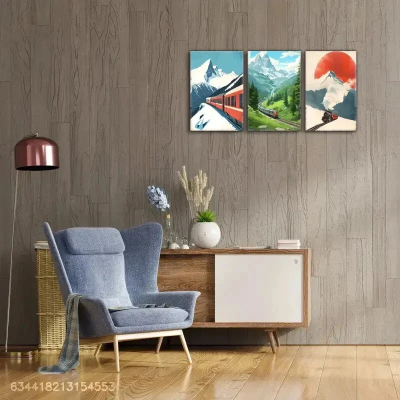3pcs Train and Mountains Beautiful Scenery Metal Print Ready to Hang Art
