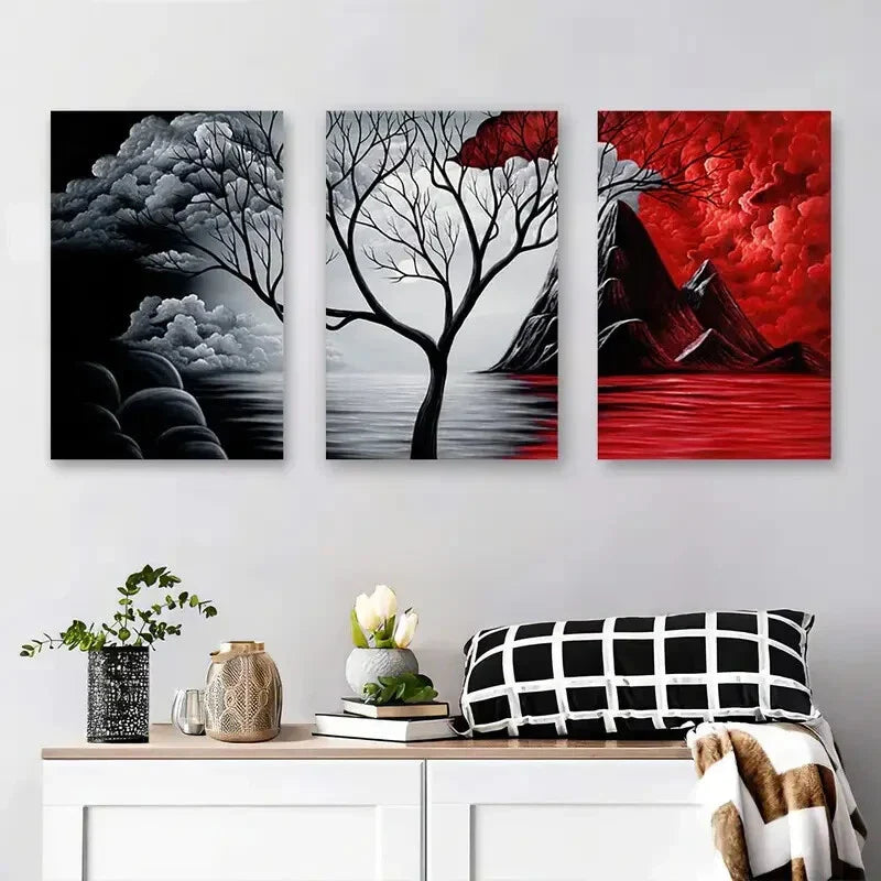 3pcs Minimalist Mountain and Tree Design Metal Print Ready to Hang Art