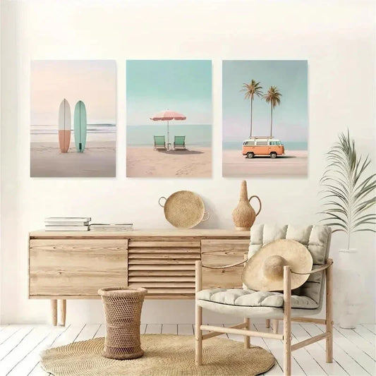 3pcs Retro Surf & Beach Design Metal Print Ready to Hang Art