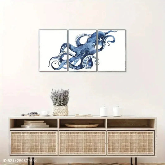 3pcs Blue Octopus Watercolor Octopus Classic Art Metal Print Ready to Hang Art