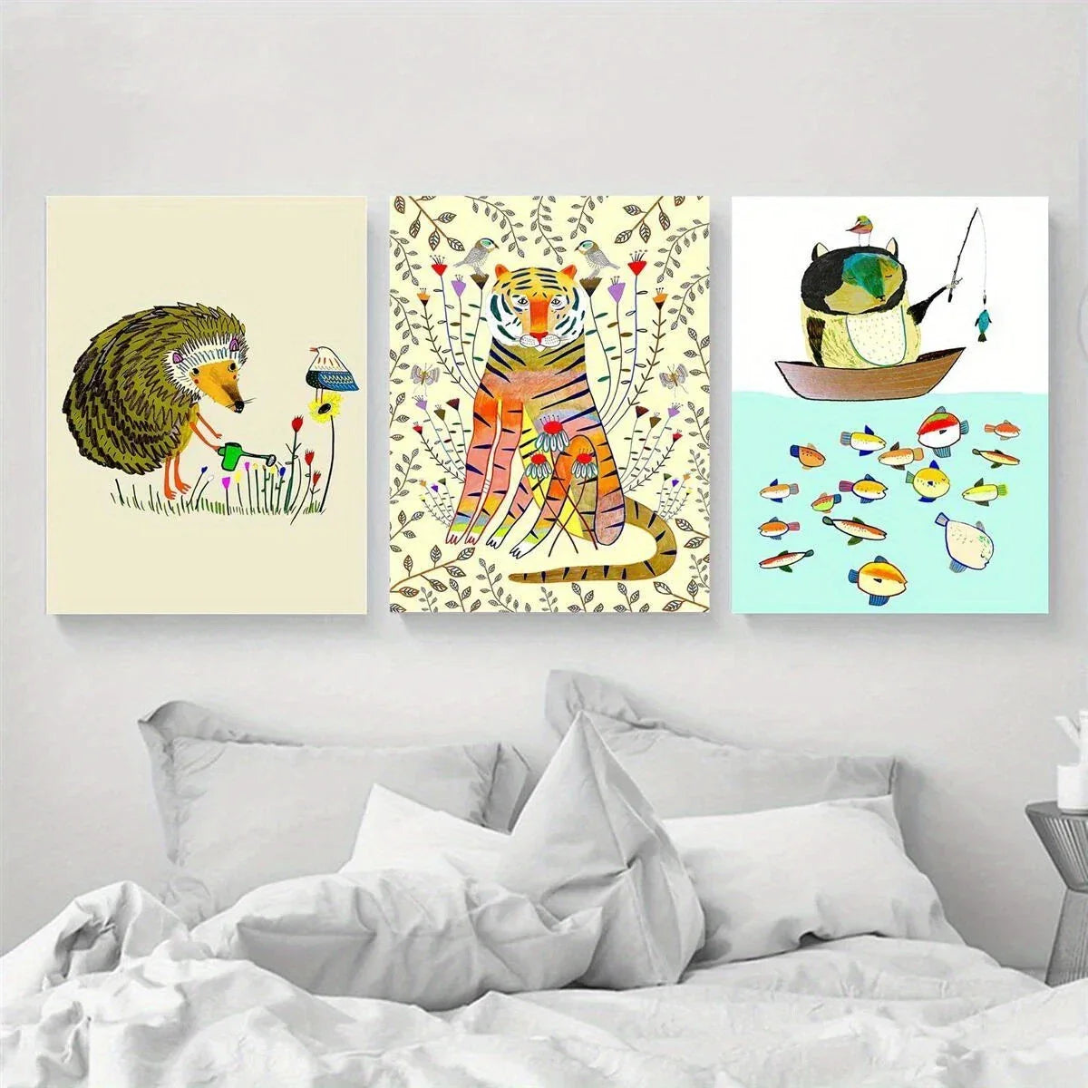 3pcs Animal Tiger Bear Fishing Cute Animals Metal Print Ready to Hang Art