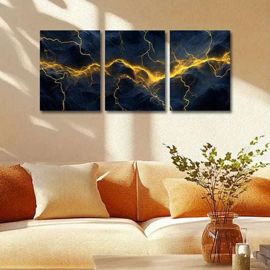 3pcs Yellow Lightning Design Metal Print Ready to Hang Art