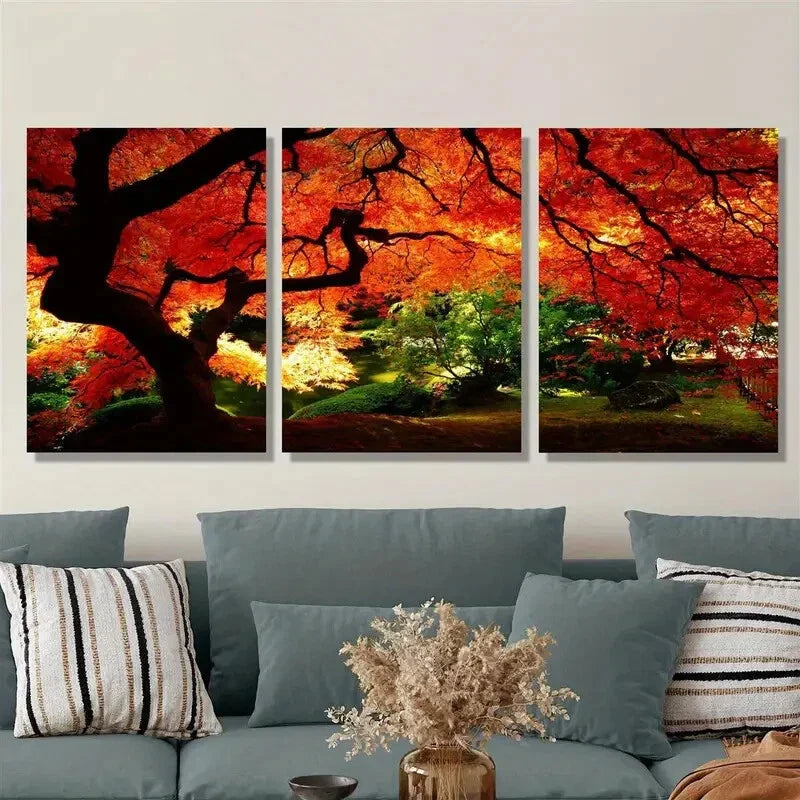 3pcs y the beautiful golden red leaves Metal Print Ready to Hang Art