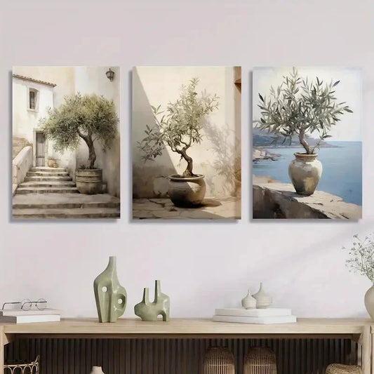 3pcs Tuscany beach, olive tree artwork, Metal Print Ready to Hang Art