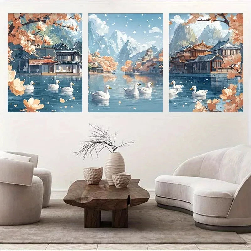 3pcsColorful Tranquil River with Swans Canvas Wall Art Set Canvas Framed 40x60cm - High Quality Print 100% Australian Made Wall Canvas Ready to Hang