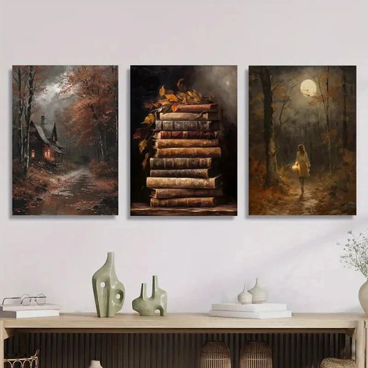3pcs stacked books fall leaves, Gothic dark art, Metal Print Ready to Hang Art