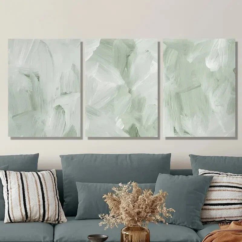 3pcs green and white abstract painting Metal Print Ready to Hang Art