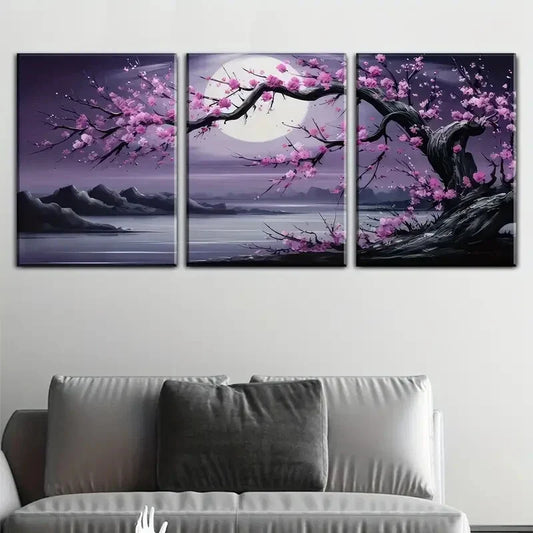 3pcs Moonlit Plum Blossom Serene Night Landscape Metal Print Ready to Hang Art