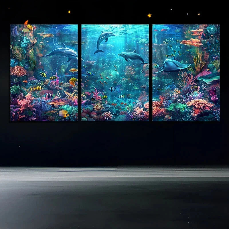 3pcs Beach Under Water Dolphins Colourful Florals Metal Print Ready to Hang Art