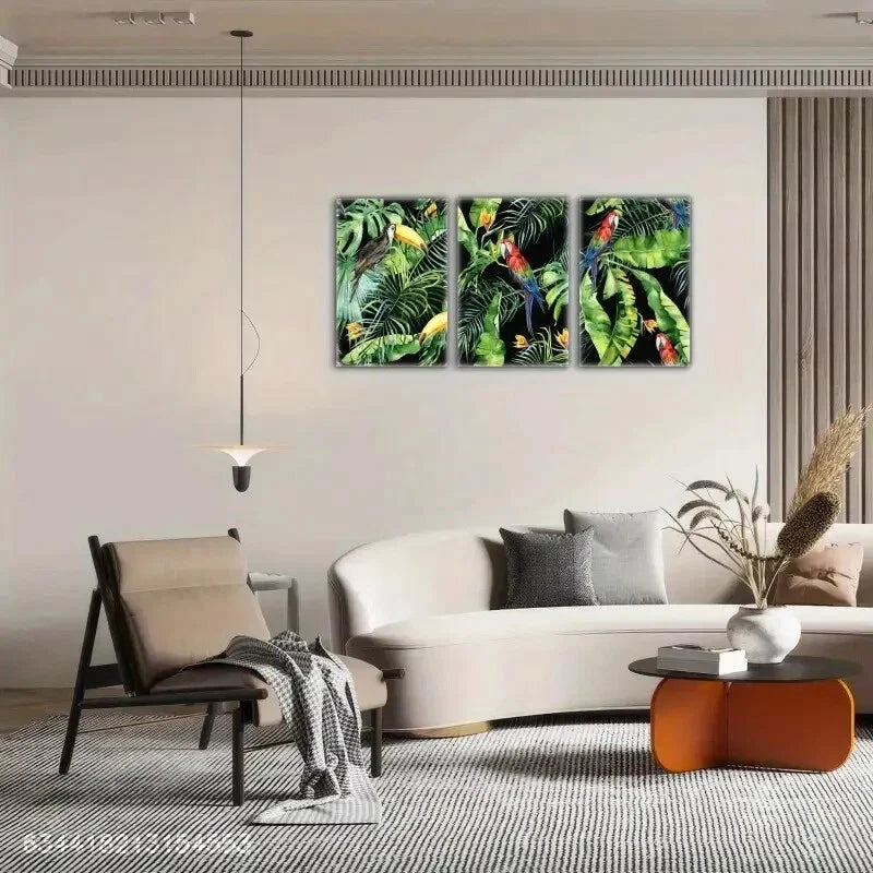 3pcs Leaves and Parrots Animal and Plant Poster Metal Print Ready to Hang Art