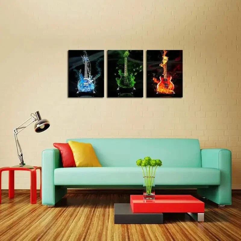 3pcs Red & Green & Blue Guit ar Painting Metal Print Ready to Hang Art
