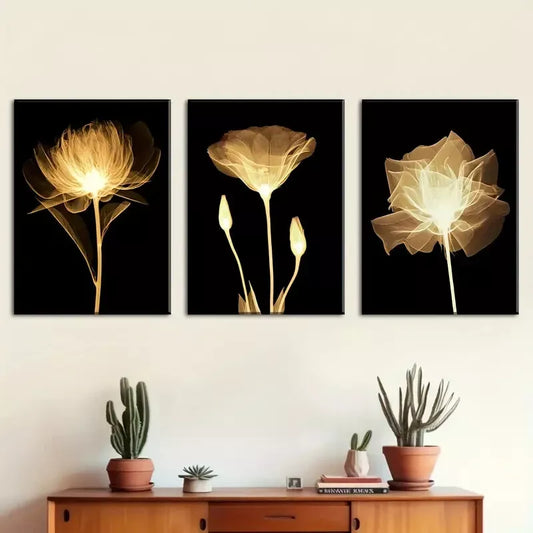 3pcs Warm Golden Flowers, Natural Plants Black Wall Art Set Canvas Framed 40x60cm - High Quality Print 100% Australian Made Wall Canvas Ready to Hang